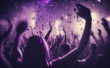 Close up photo of many party people dancing purple lights confetti flying everywhere nightclub event hands raised up, Generative AI. - obrazy, fototapety, plakaty
