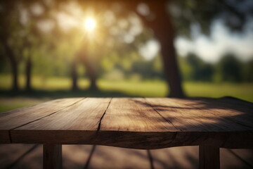Empty wooden table in front for product display with blurred garden background. Ai generative