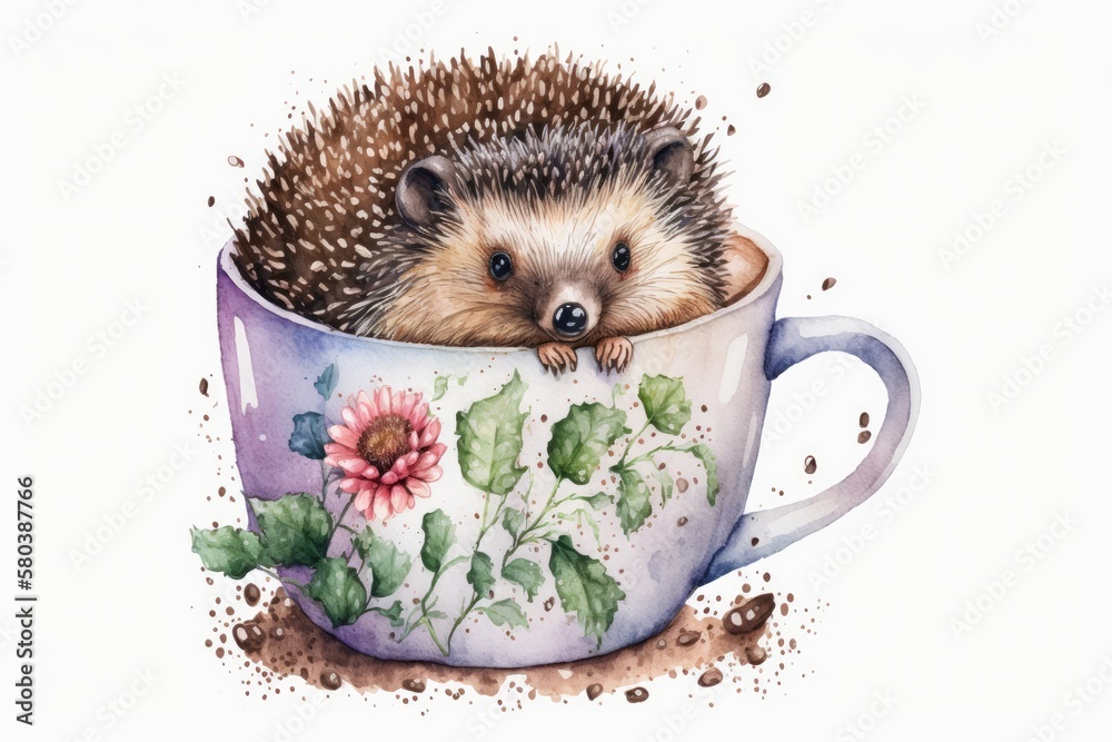 Canvas Prints Cute spiky prickly needle adorable happy hedgehog little animal hand drawn in watercolor, Nursery childish print. Illustration of a hot drink in a coffee mania cappuccino espresso cup made of ceramic