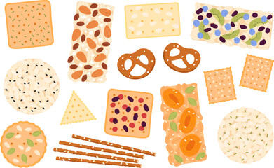 Healthy snacks seed nuts and fruits. Rice seed cracker and bread, biscuit with seeds. Dry fruit, energy athletic sport food. Snack options racy vector set
