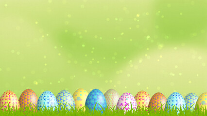 colorful Easter egg line on green grass land and eye pleasing beautiful blur background