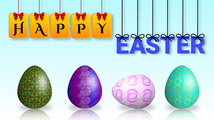 decorated for Easter eggs on floor with reflect and Easter greetings space