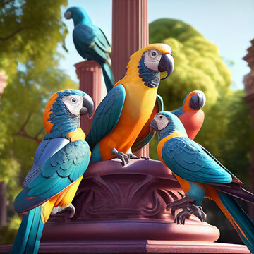 A parrots groups in a park, sitting on a statue