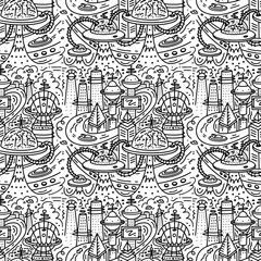 Futuristic doodle city seamless pattern, Fantasy city background. Linear style Vector illustration