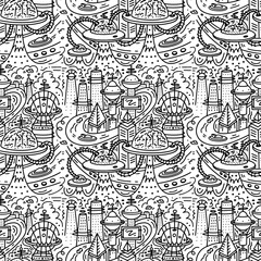 Futuristic doodle city seamless pattern, Fantasy city background. Linear style Vector illustration