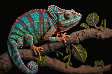 Furcifer pardalis adult male Ambilobe Panther Chameleon on a branch. On a black background in a picture. Generative AI