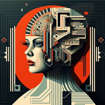 Portrait of a robot or artificial intelligence in the style of modernism constructivism. Generative AI