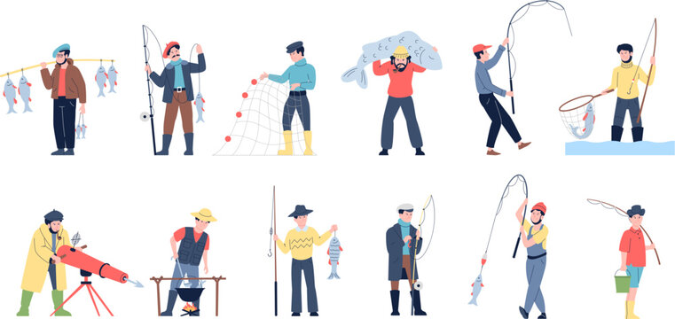 Cartoon fishers characters. Fishermen active relax, recreation on nature and hobby. Fishing leisure, man holding giant fish. Men with rods recent vector set