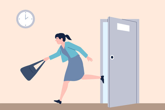 Female leaving office. Woman run from open door, from home or job. Lunch or coffee time, employee go out. Busy business girl, recent vector scene