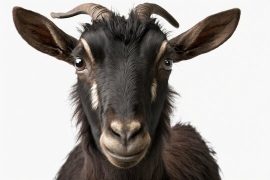 Goat by itself. Head of a black goat that looks funny and silly, set against a white background with a clipping path. Generative AI