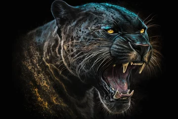 Foto op Plexiglas Digital painting of a roaring black panther on a black background. Generative AI © AkuAku