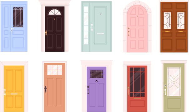 Cartoon front different doors, retro facade door elements. Home apartments entrance decor with glass windows. Flat house entry racy vector set