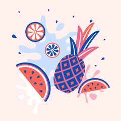 Summer juicy abstract fruit splash. Pineapple, watermelon and citrus slices. Juice, fresh fruits drink or dessert. Decorative vector graphic art