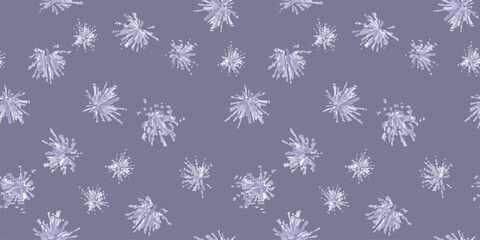 Chaotic spots seamless pattern. Chaotic flare blue background. Drawn flashes of light, circles, bursts, fireworks. Simple design, background for fabric, textile, wrapping