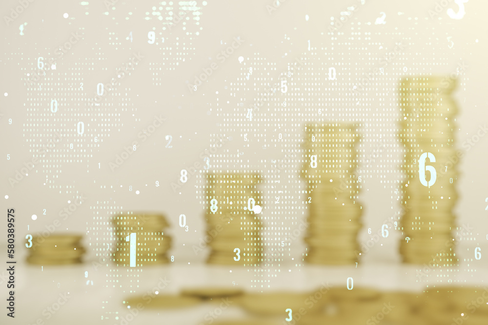 Poster multi exposure of abstract programming language hologram and world map on growing coins stacks backg