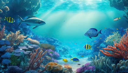 Naklejka na ściany i meble Underwater world of beautiful coral reef and colorful fish. Based on Generative AI