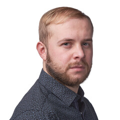 Obraz premium Portrait of a young confident blonde in a dark shirt, with a beard on a dark background