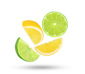 Fresh lime and lemon slices falling in the air isolated on transparent background. PNG