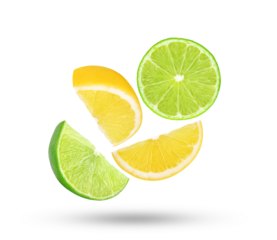 Fresh lime and lemon slices falling in the air isolated on transparent background. PNG