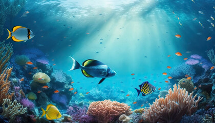 Naklejka na ściany i meble Underwater world of beautiful coral reef and colorful fish. Based on Generative AI