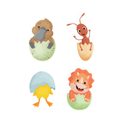 Naklejka premium Vector collection of animals in eggshell. Colorful children's illustrations. 