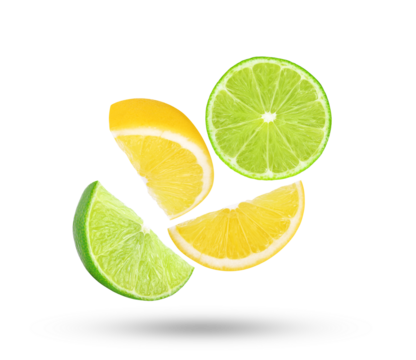 Fresh lime and lemon slices falling in the air isolated on transparent background. PNG