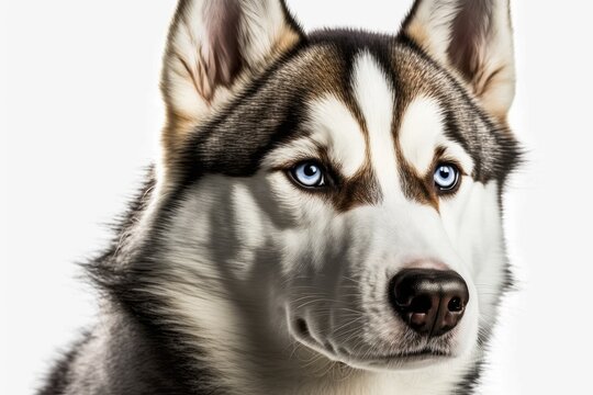 On a white background, a picture of a Siberian husky looking at the camera. Generative AI