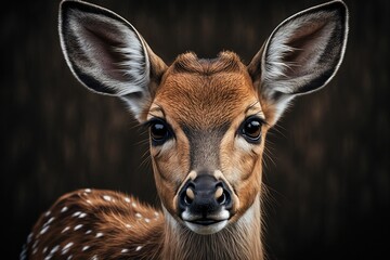 Fototapeta premium young deer with tiny horns portrait of a wild animal taken up close. Generative AI