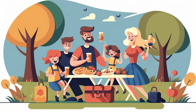 happy family picknicking in the nature cartoon illustration Generative AI, Generativ, KI