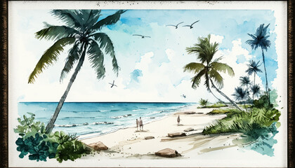 tropical palms at the sea beach watercolours Generative AI, Generativ, KI