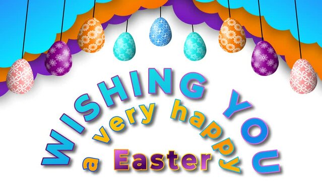 beautiful Easter wish on Swinging colorful Easter eggs and moving cloud on white background