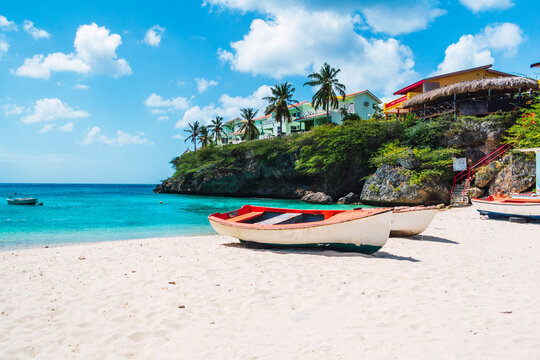 boat in the beach, lagun beach, in the caribbean island of curacao, landscape with  Copyspace