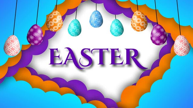 beautiful Easter wish on Swinging colorful Easter eggs and moving cloud on white background