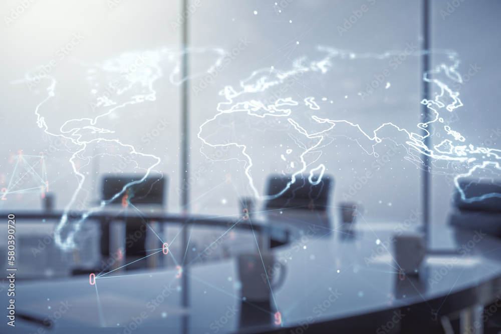 Poster multi exposure of abstract creative digital world map hologram on a modern meeting room background, 