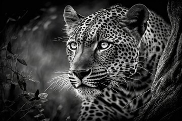 A picture of a leopard staring in black and white. Generative AI