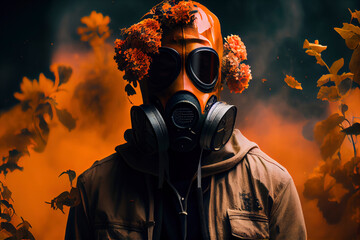 Young  man allergic to pollen with an anti-gas mask in a orange flower field. Seasonal allergy and asthma concept. Illustration. Generative AI - obrazy, fototapety, plakaty