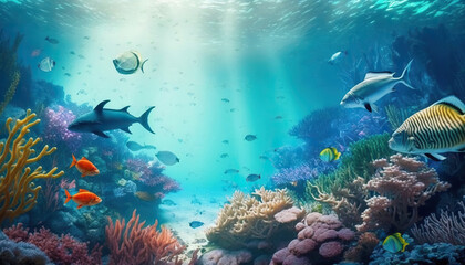 Underwater world of beautiful coral reef and colorful fish. Based on Generative AI