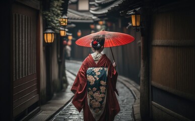 Woman dressed in kimono holding red umbrella walking in Kyoto's old town, Generative AI.
