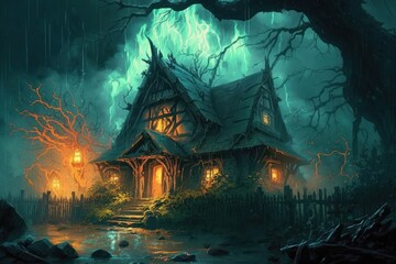 Stormy Elven Village in the Swamp - Oil Painting
