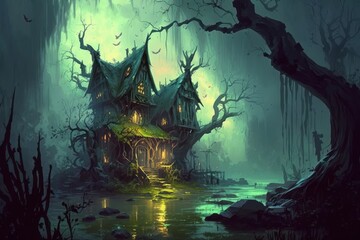 Fototapeta na wymiar Stormy Elven Village in the Swamp - Oil Painting