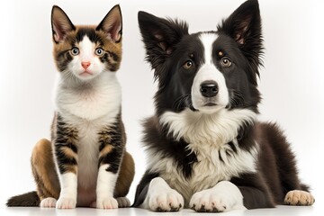 Border collie dog and kitten both look at camera while sitting together. stand out against a white background. Generative AI - obrazy, fototapety, plakaty