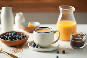 Simple breakfast table setting with cup of coffee with cream orange juice blueberries. Soft morning light. Beginning of the day nutritious food energy concept