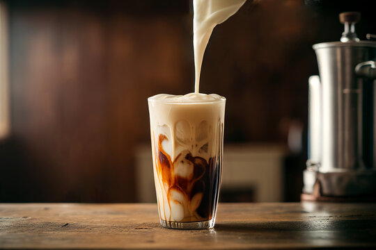 Barista pouring hot milk into a tall glass with latte on wooden bar counter. Cozy rustic atmosphere cafe interior