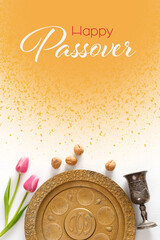 Golden plate for Seder Pesach (Jewish Passover holiday) (with the inscriptions: egg, shankbone, bitter herbs, lettuce, charoset, parsley) Wine bottle, tulip flowers, silver glass,, walnuts.