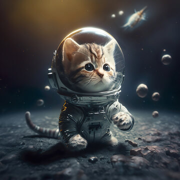 A adorable kitten in a space suite exploring a planet . Created using generative AI tools