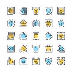Banking line icons. Set of bank icons. Black, blue and yellow colors. Modern outline graphic design. Vector line icons set