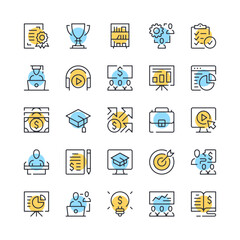 Business training line icons. Set of business education icons. Black, blue and yellow colors. Modern outline graphic design. Vector line icons set