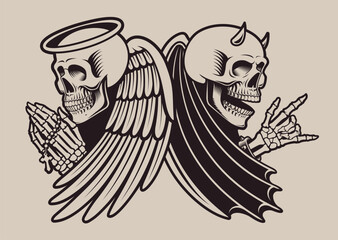 Vector vintage biker illustration skull angel and devil with wings