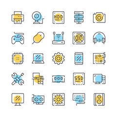 Computer hardware line icons. Set of PC components icons. Black, blue and yellow colors. Modern outline graphic design. Vector line icons set