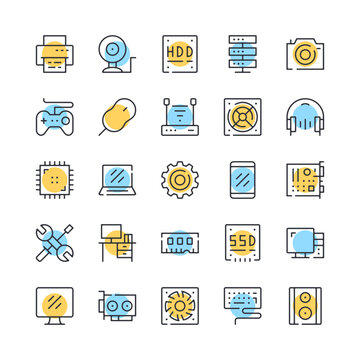 Computer hardware line icons. Set of PC components icons. Black, blue and yellow colors. Modern outline graphic design. Vector line icons set